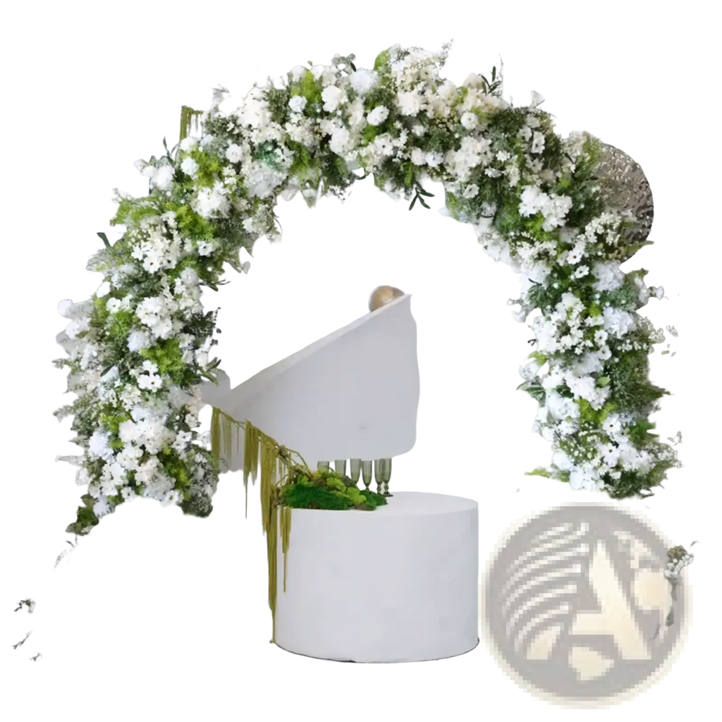 Elegant white and green wedding floral arch with stand adorned with cascading artificial white roses and foliage