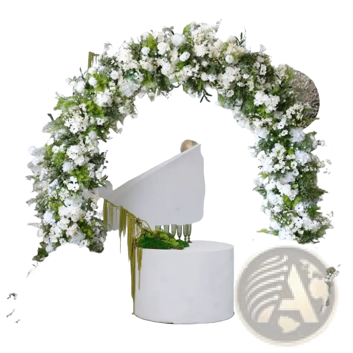 Elegant white and green wedding floral arch with stand adorned with cascading artificial white roses and foliage
