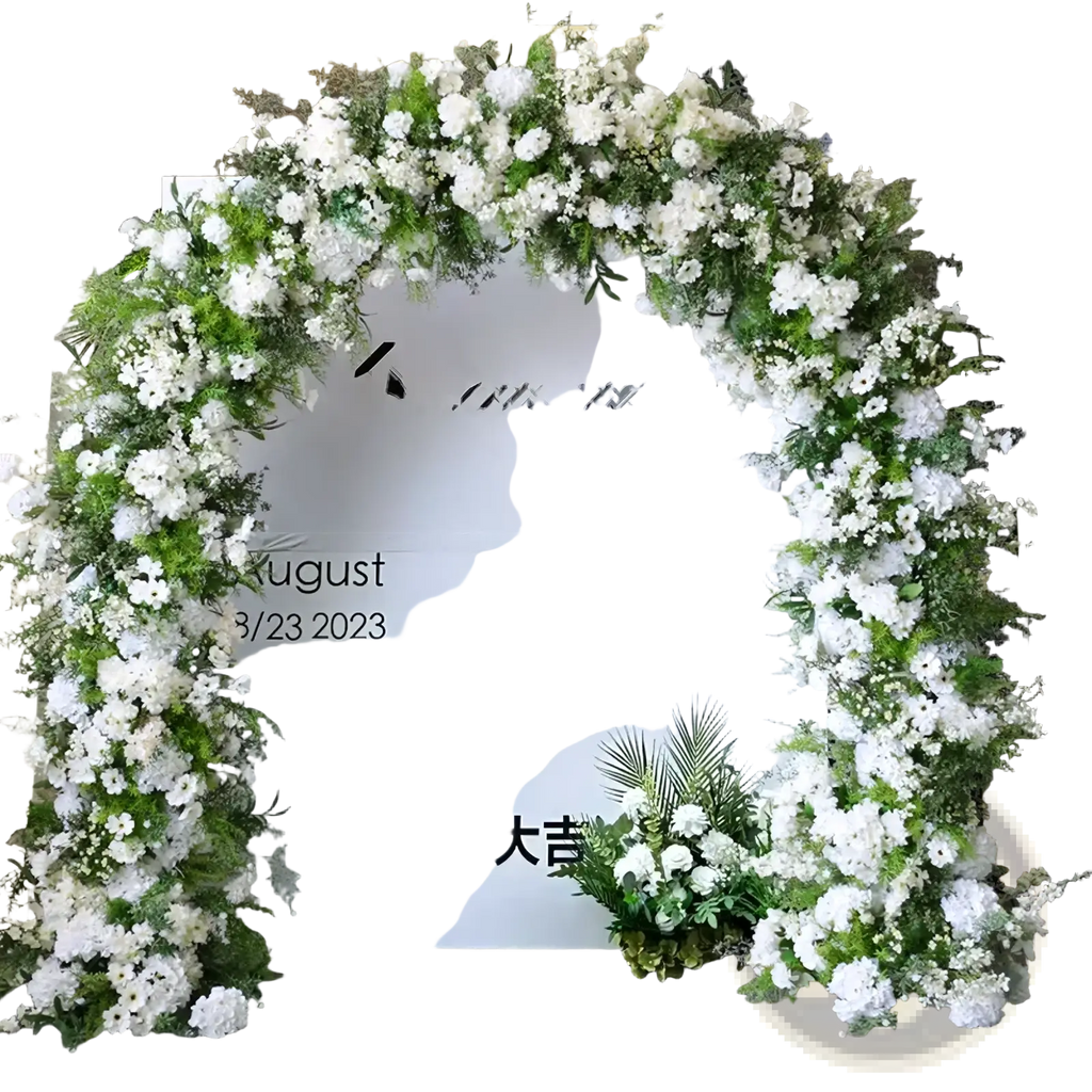 Wedding floral arch with stand featuring a lush arched arrangement of artificial white roses and greenery