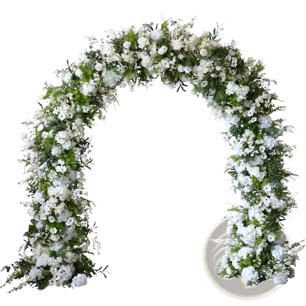 Wedding floral arch with stand featuring an arched arrangement of artificial white roses and green foliage