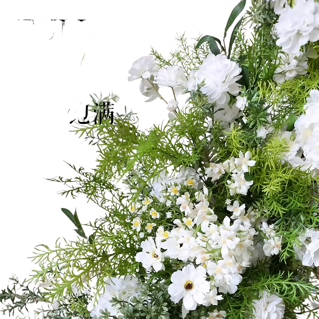 Wedding floral arch with stand featuring a lush arrangement of artificial white roses and varied greenery textures