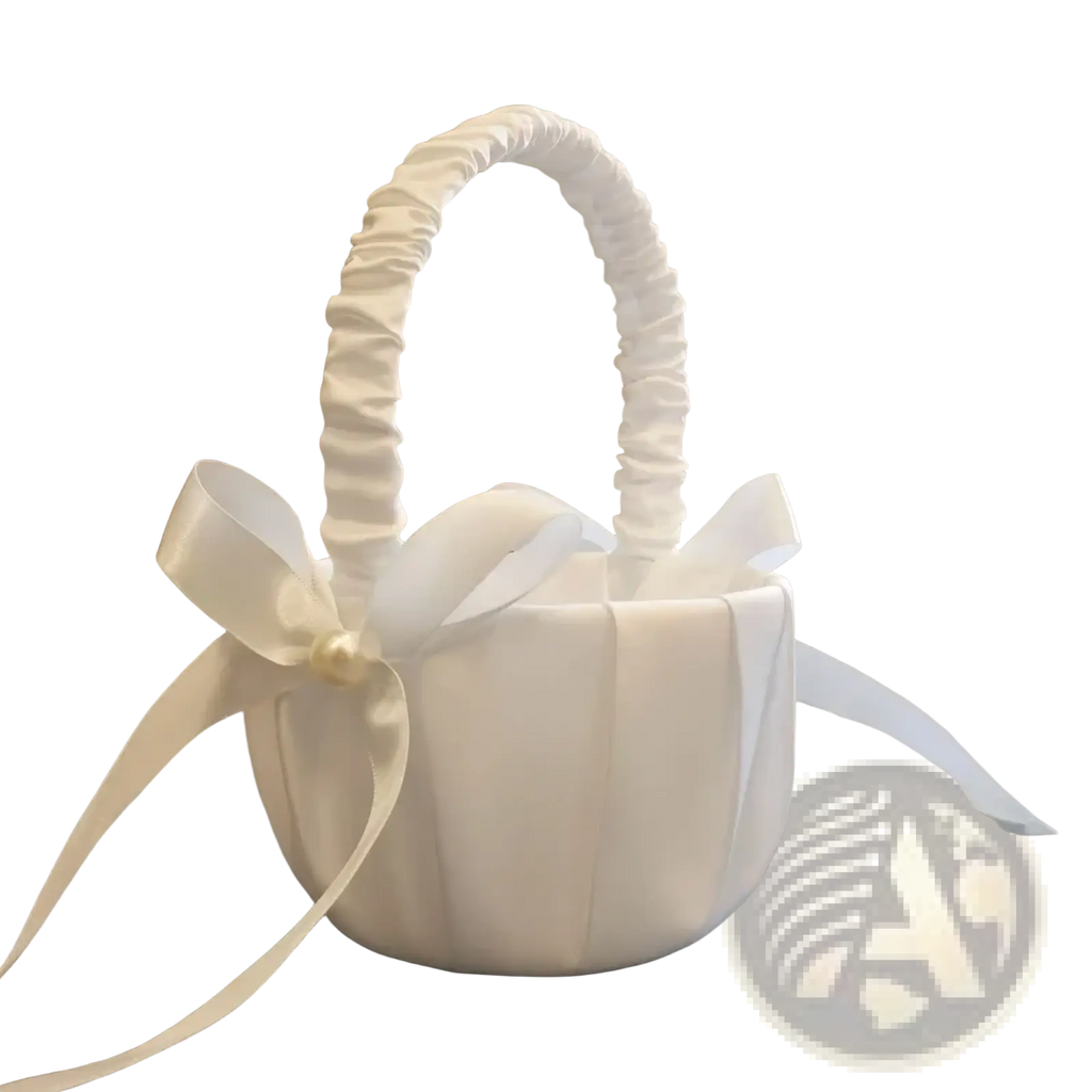 A delicate white satin wedding flower basket with a ruched handle and matching bow with pearl accent