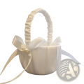 A delicate white satin wedding flower basket with a ruched handle and matching bow with pearl accent