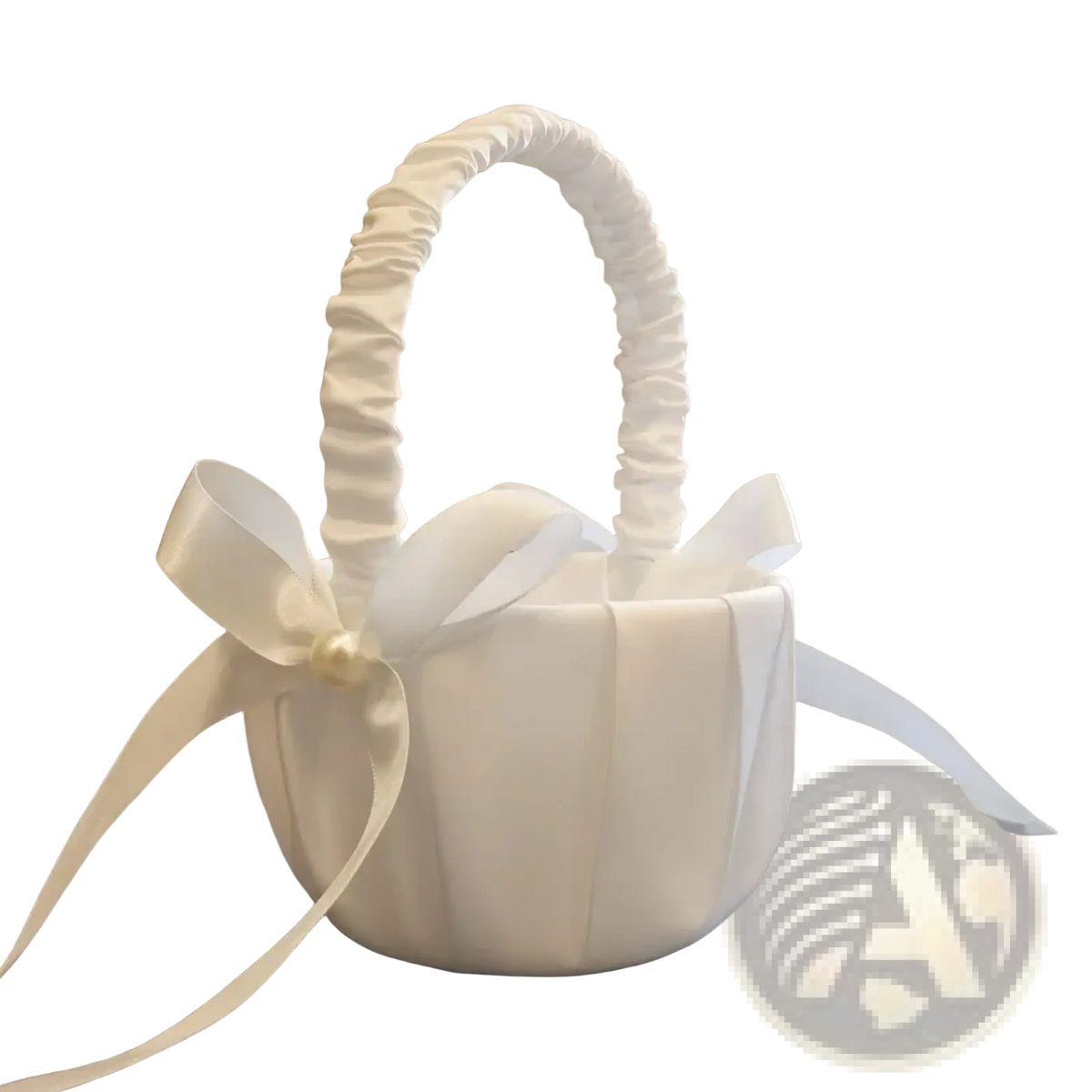 A delicate white satin wedding flower basket with a ruched handle and matching bow with pearl accent