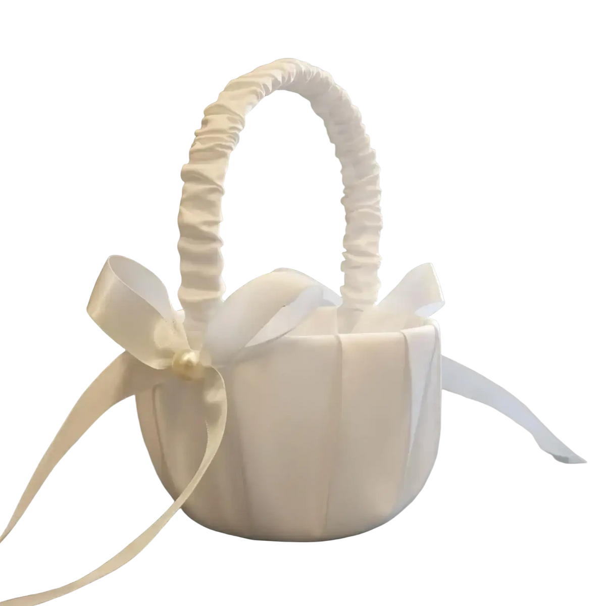White satin wedding flower basket with ribbed handle and matching bow for flower girl and ring pillow set