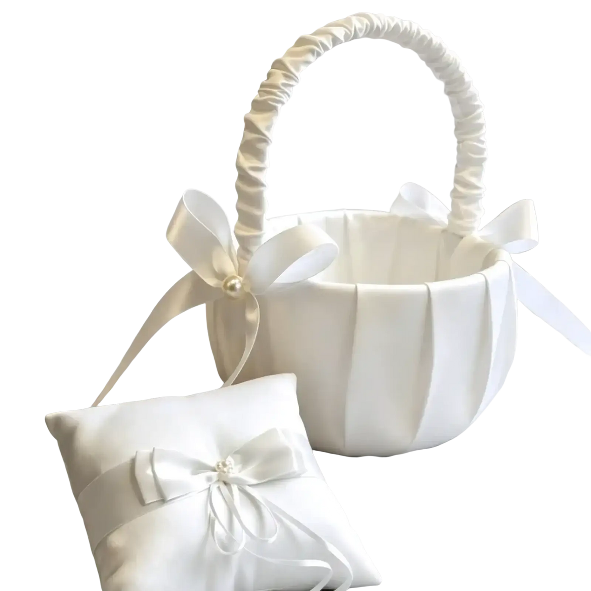 Elegant ivory satin wedding flower basket with ribbed handle and matching bow alongside coordinating ring pillow