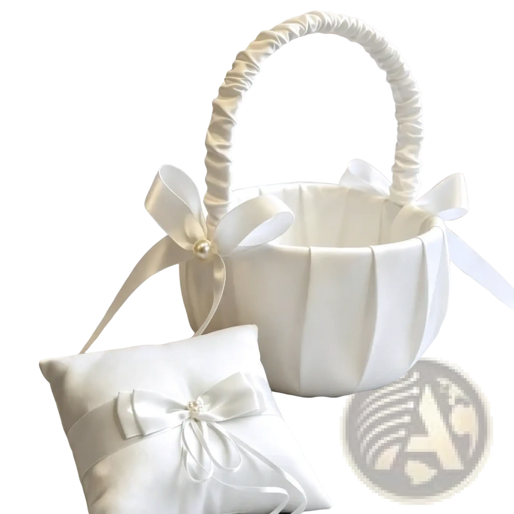 Elegant white satin wedding flower basket with ruched handle and ribbon bows paired with matching ring pillow