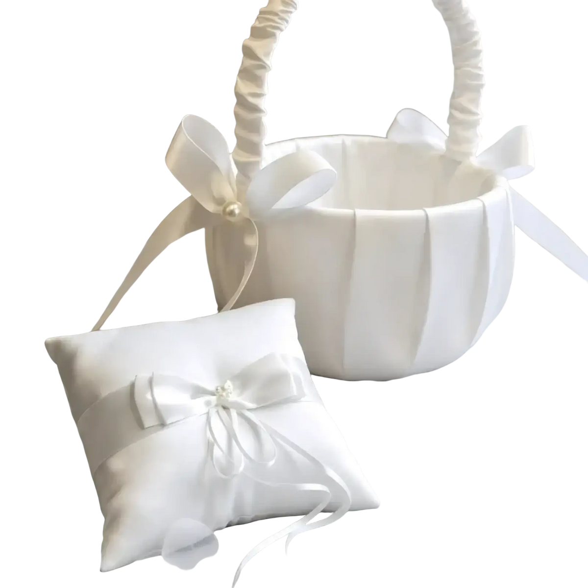 White satin ring pillow with delicate bow and pearl accent part of wedding flower basket set