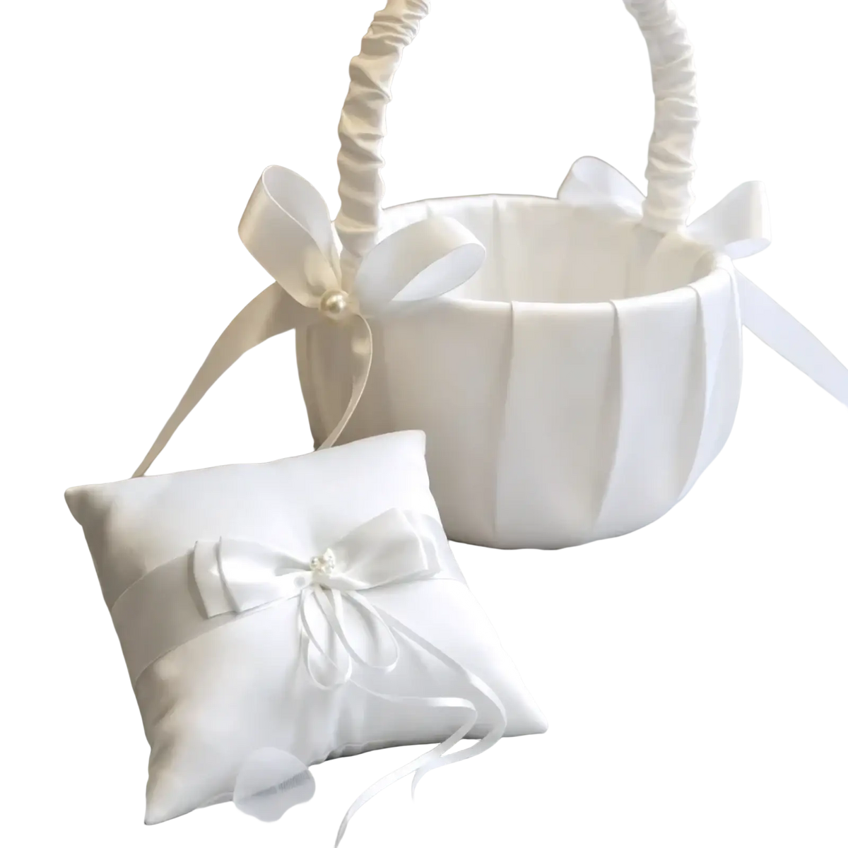 White satin wedding ring bearer pillow with delicate bow and pearl accent in flower basket and ring pillow set