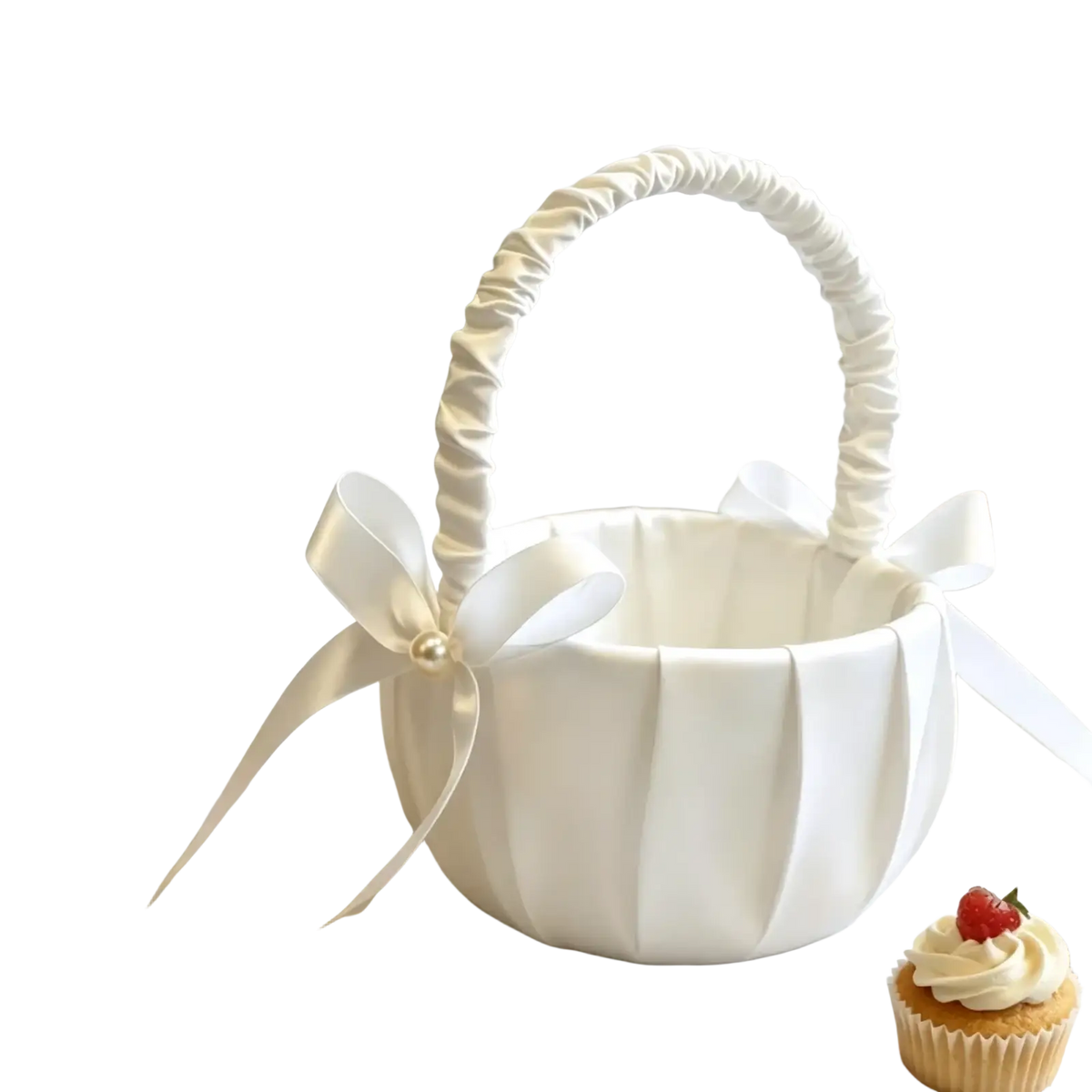 Wedding flower basket made of white satin with pleated design and matching ribbon bow handle for wedding ceremonies