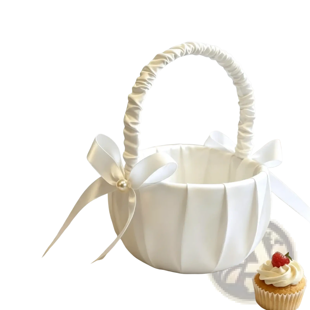 Wedding flower basket made of white satin with pleated design and matching ribbon bow handle for wedding ceremonies
