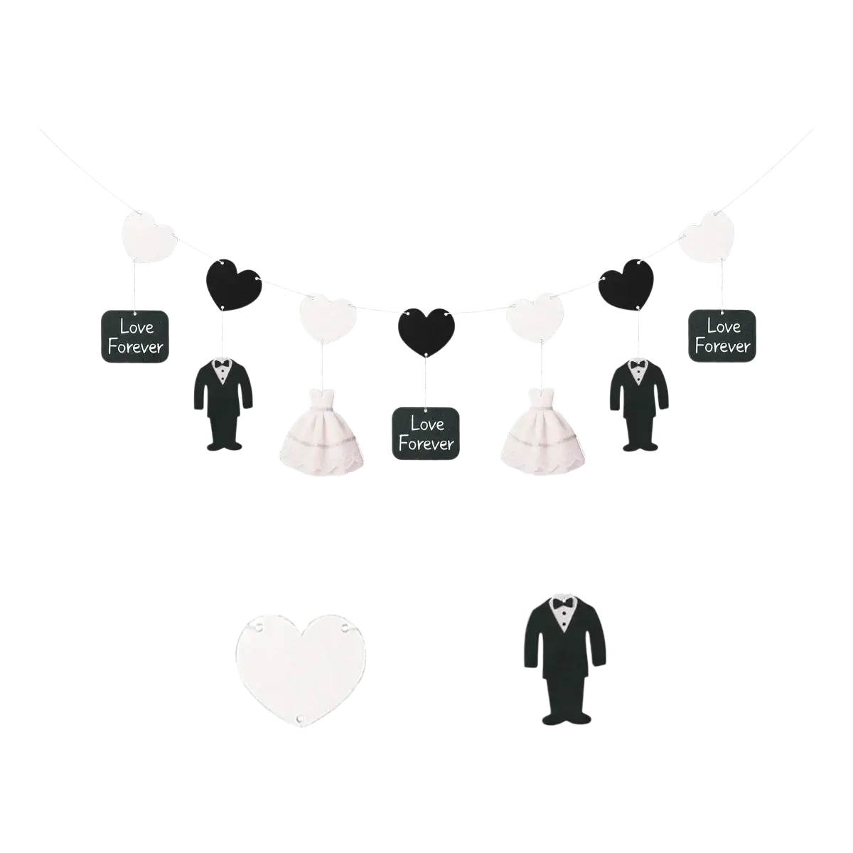 Black and white paper wedding garlands with heart cutouts tuxedo and dress figures and love forever signs backdrop