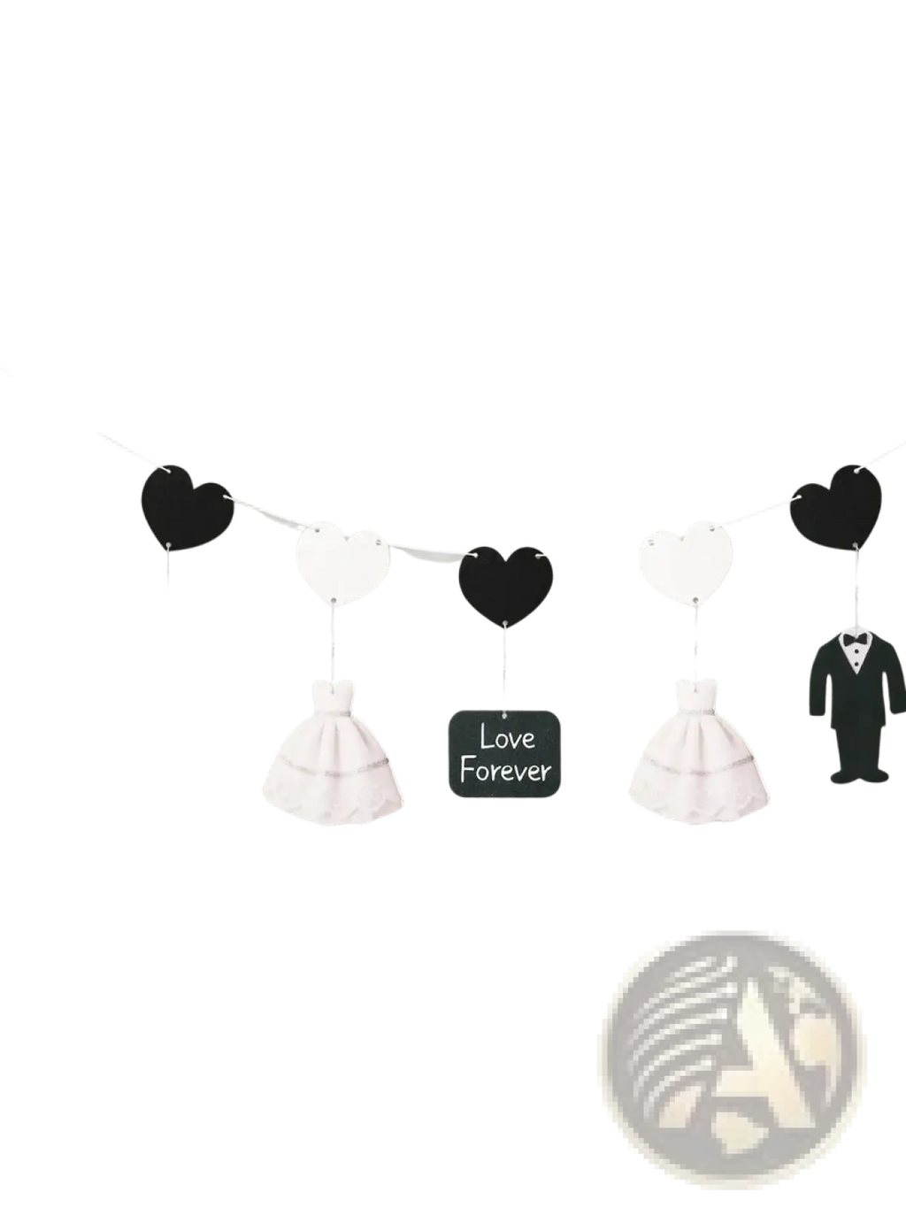 Wedding garlands bride and groom party decoration backdrop featuring black and white heart shapes with tuxedo dress and love forever cutouts