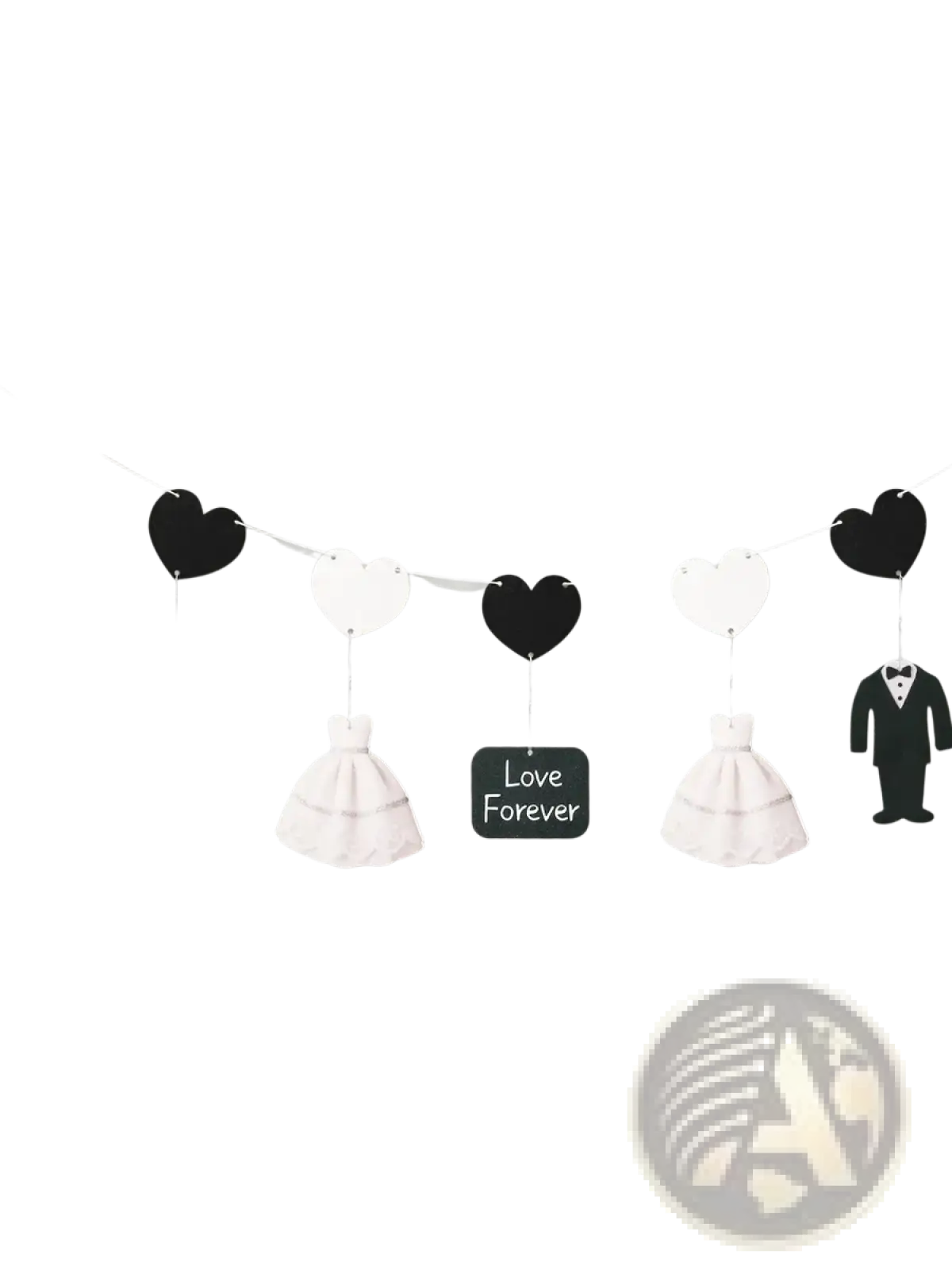 Black and white paper wedding garlands with heart cutouts tuxedo and dress figures and love forever signs backdrop