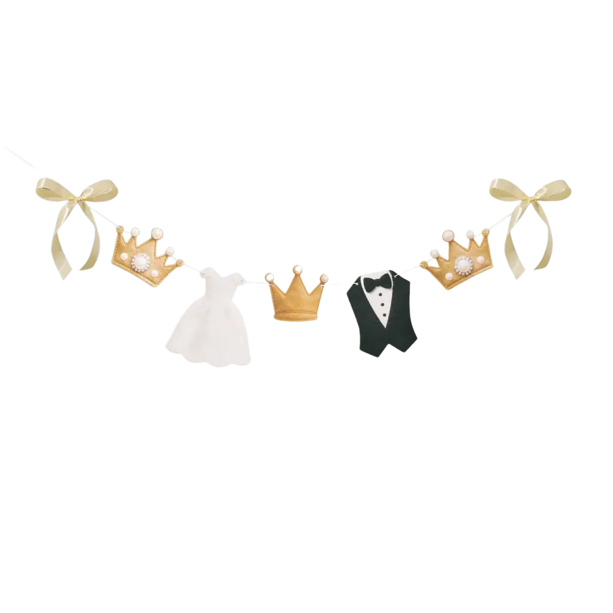 A delicate gold crown-shaped decoration with pearl accents hangs on a wedding garlands bride and groom party backdrop