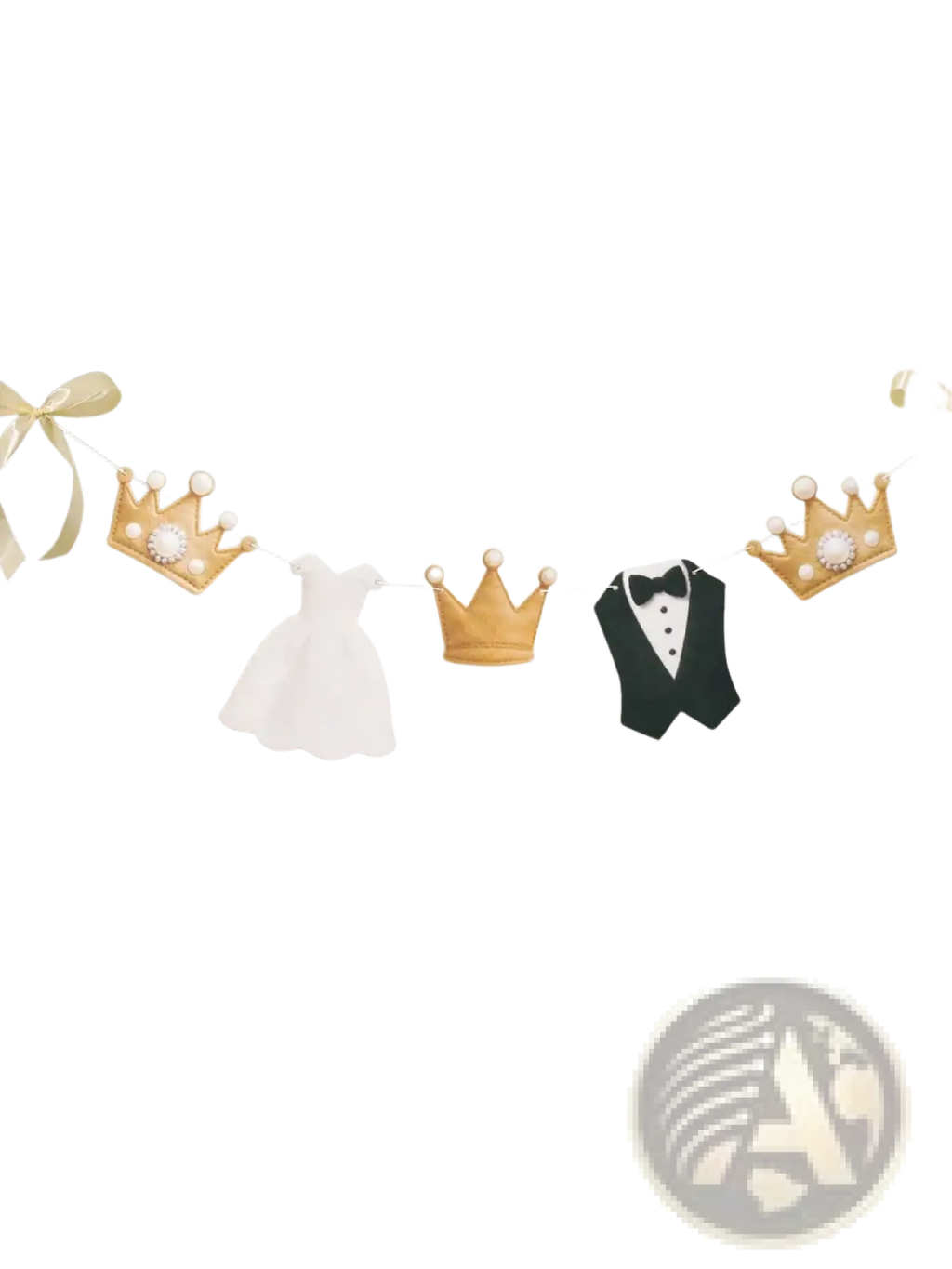 A delicate gold crown garland with pearl embellishments featuring white dress and black tuxedo cutouts for wedding decor