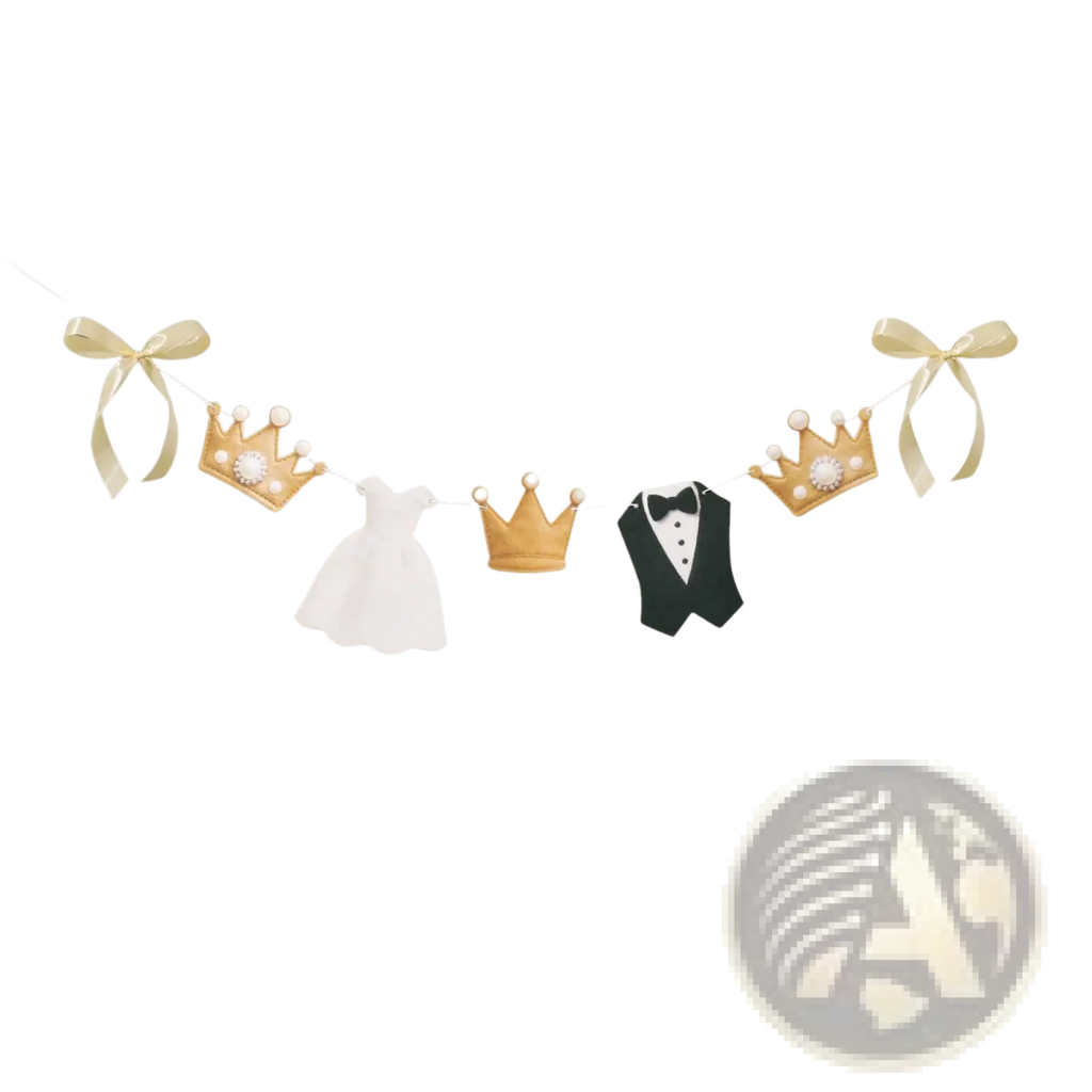 A delicate gold crown-shaped decoration with pearl accents hangs on a wedding garlands bride and groom party backdrop