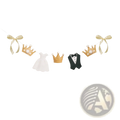 A delicate gold crown-shaped decoration with pearl accents hangs on a wedding garlands bride and groom party backdrop