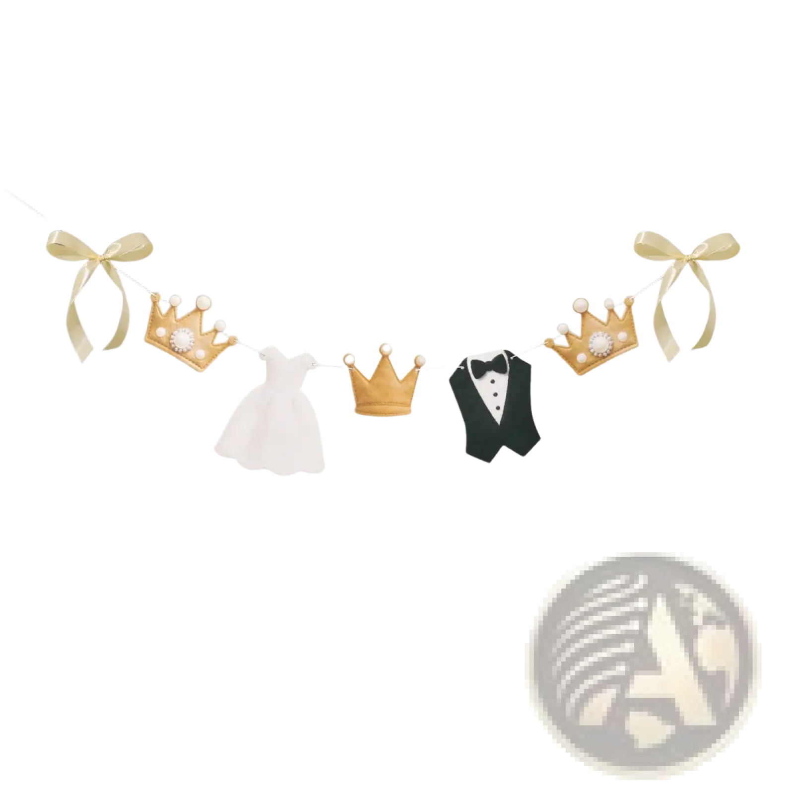 A delicate gold crown-shaped decoration with pearl accents hangs on a wedding garlands bride and groom party backdrop