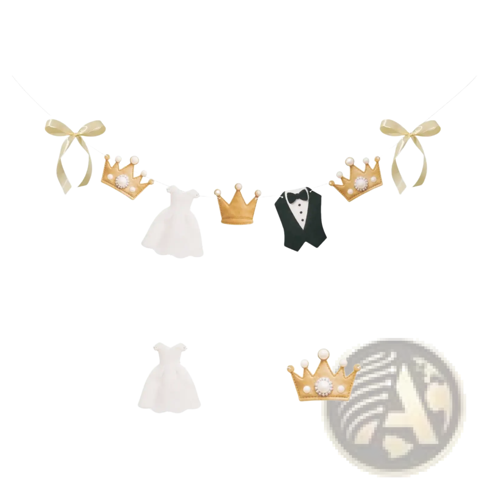 Wedding garlands bride and groom party decoration backdrop featuring gold and white fabric crown dress and tuxedo with satin bows