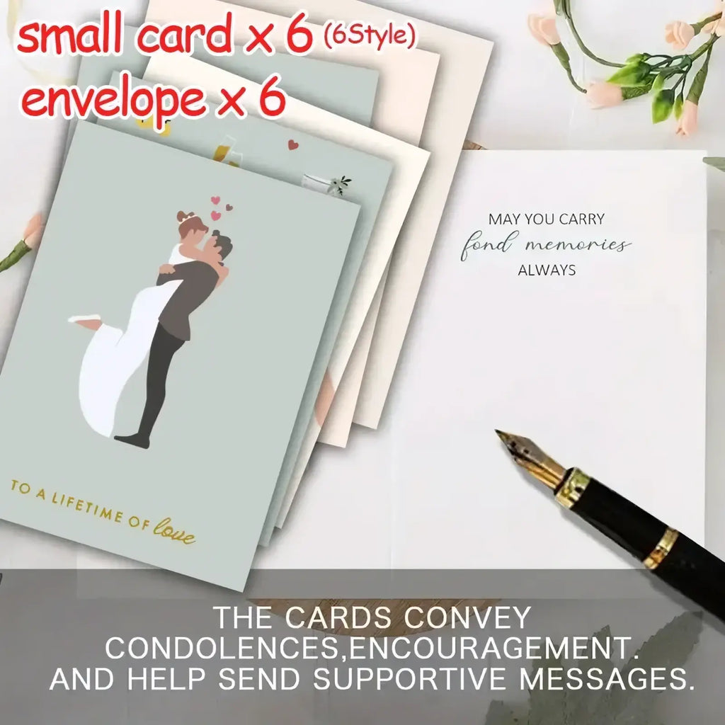 Light blue wedding greeting card featuring an illustrated couple embracing with hearts printed on matte paper