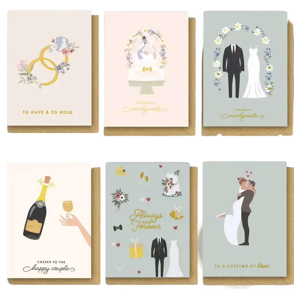 Set of six wedding greeting cards with romantic pastel designs gold accents and matching kraft envelopes for weddings