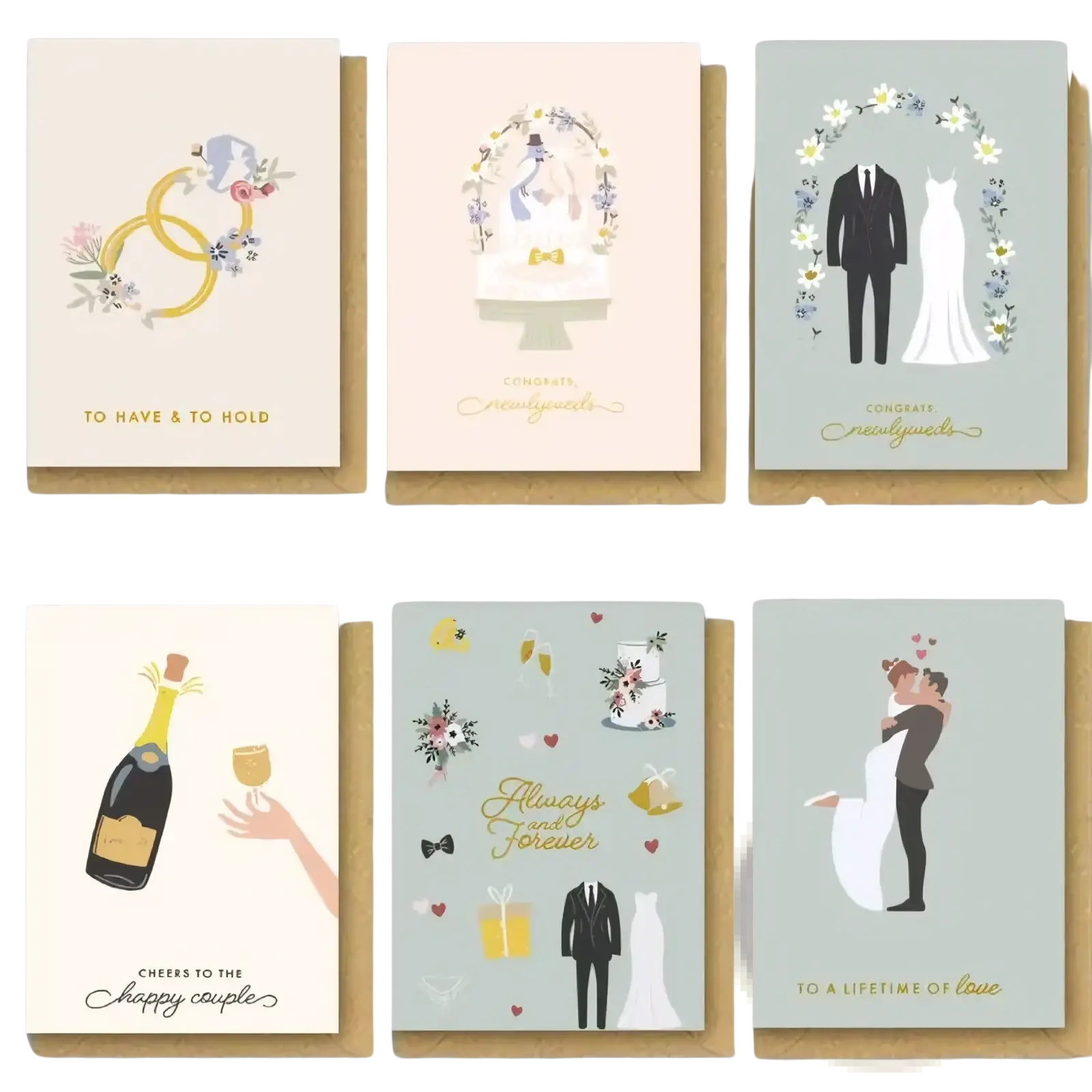 Set of six wedding greeting cards with romantic pastel designs gold accents and matching kraft envelopes for weddings