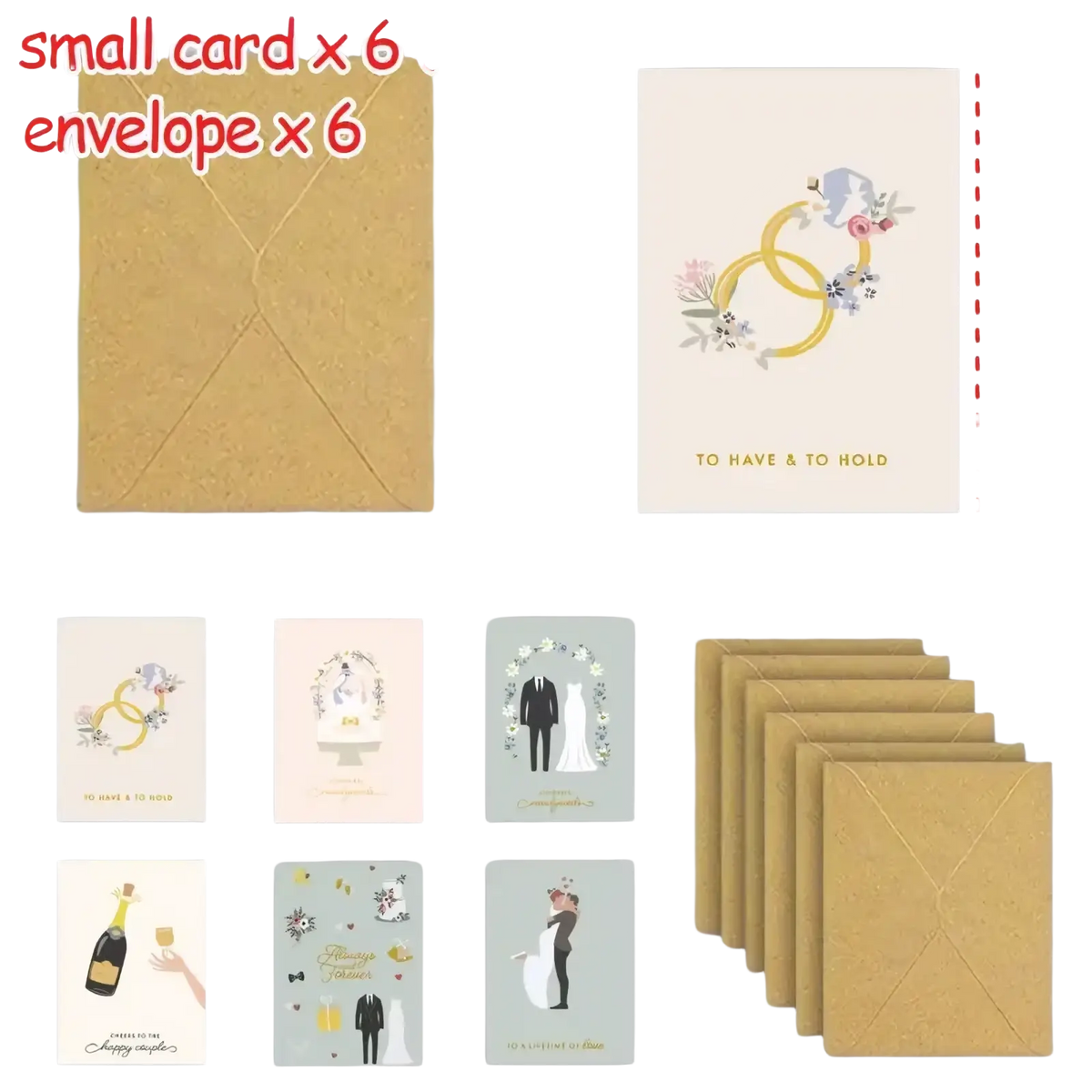 Set of six small wedding greeting cards with floral and couple designs and matching kraft paper envelopes