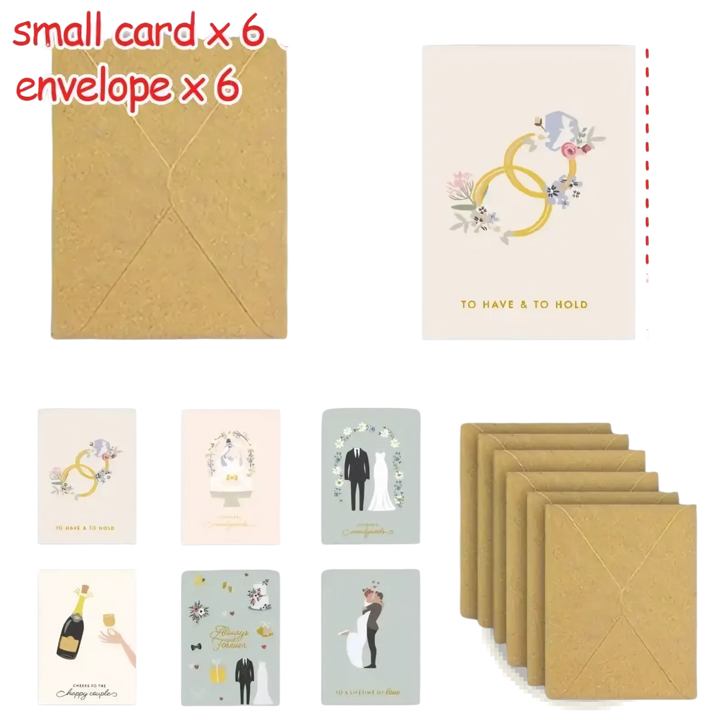 Set of six small wedding greeting cards with floral and couple designs and matching kraft paper envelopes