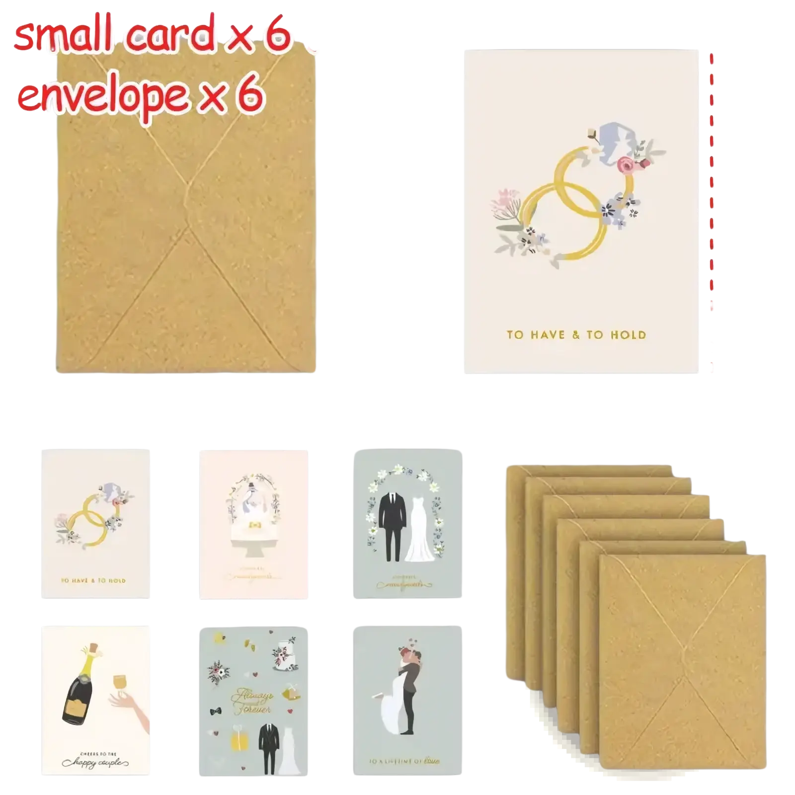 Set of six small wedding greeting cards with floral and couple designs and matching kraft paper envelopes
