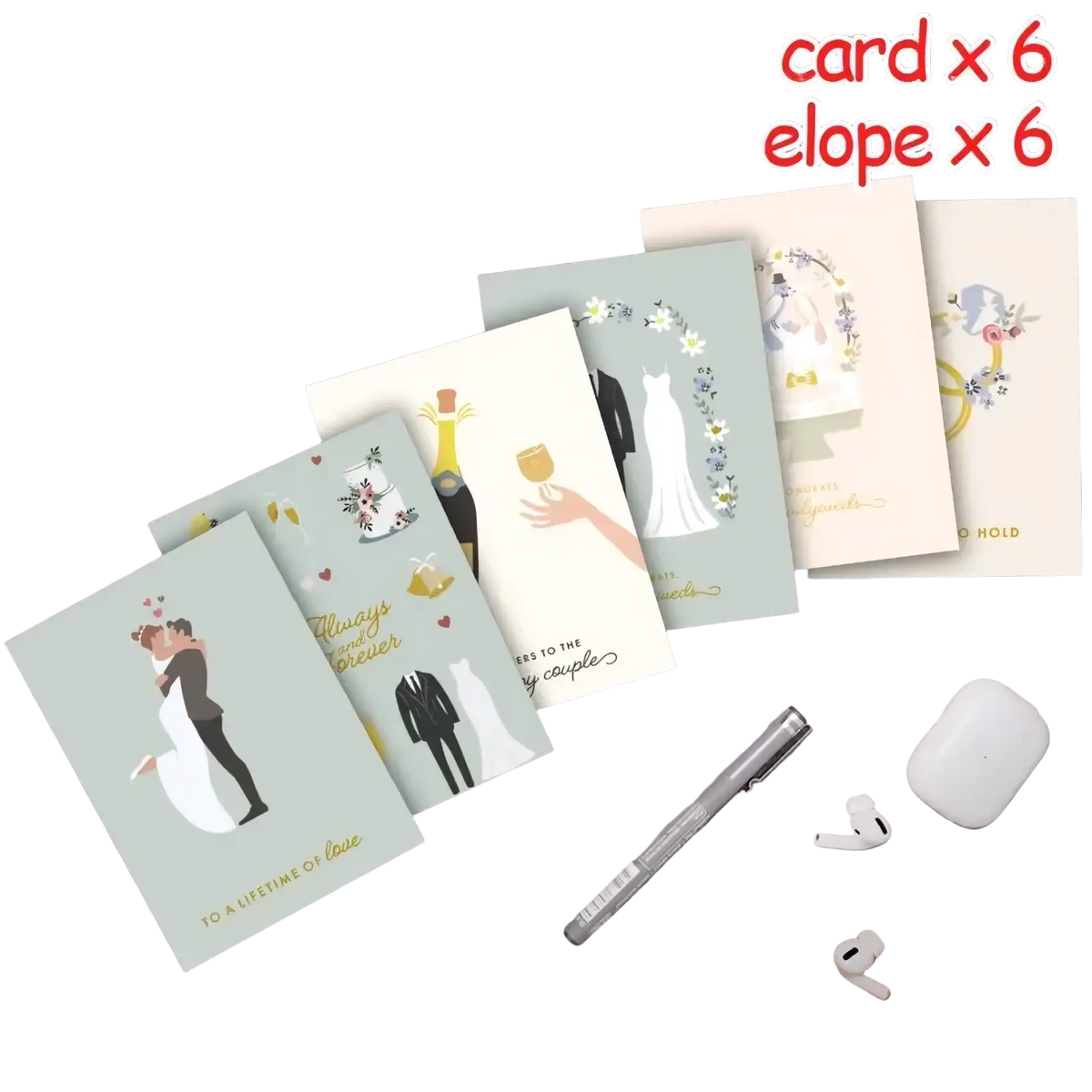 Set of six small wedding greeting cards with illustrated designs on mint and cream cardstock with kraft envelopes