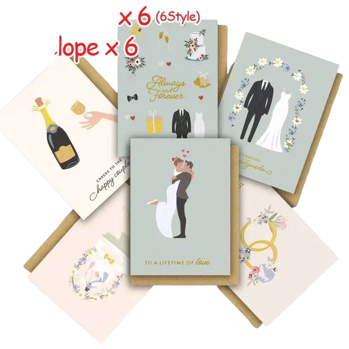 Set of six wedding greeting cards with illustrated designs on mint and cream cardstock with kraft envelopes