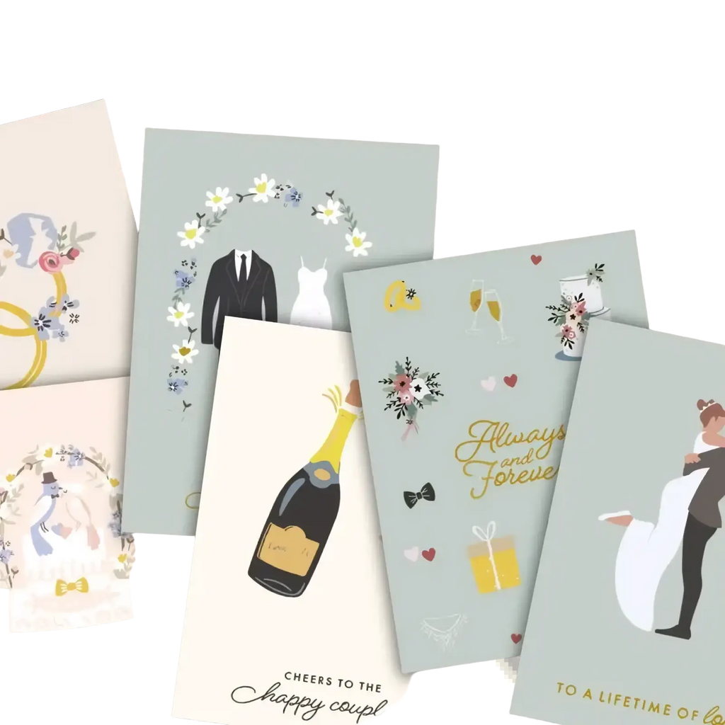 Set of six small wedding greeting cards with delicate floral and champagne illustrations on pastel backgrounds with kraft envelopes