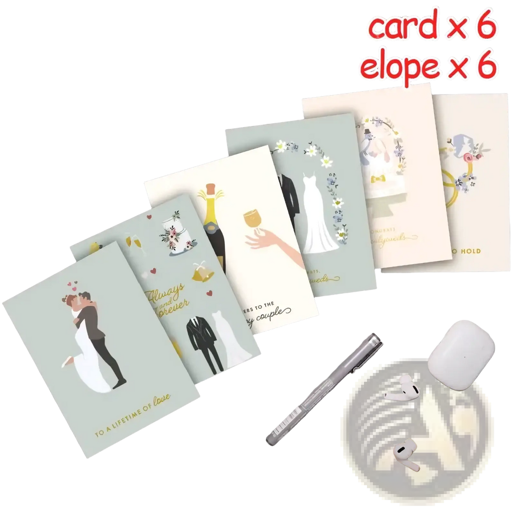 Set of six small wedding greeting cards with illustrated designs on mint and cream cardstock with kraft envelopes