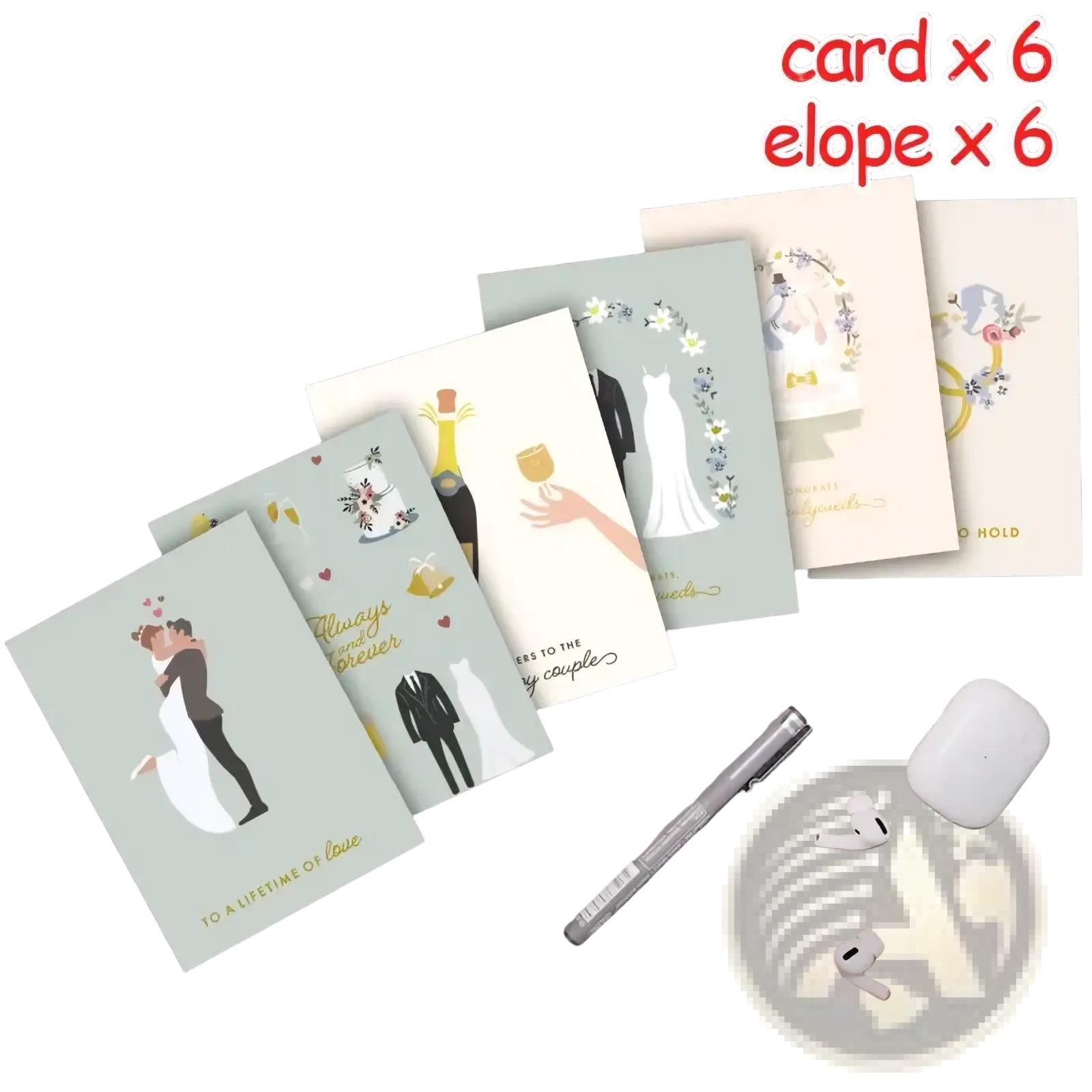 Set of six small wedding greeting cards with illustrated designs on mint and cream cardstock with kraft envelopes