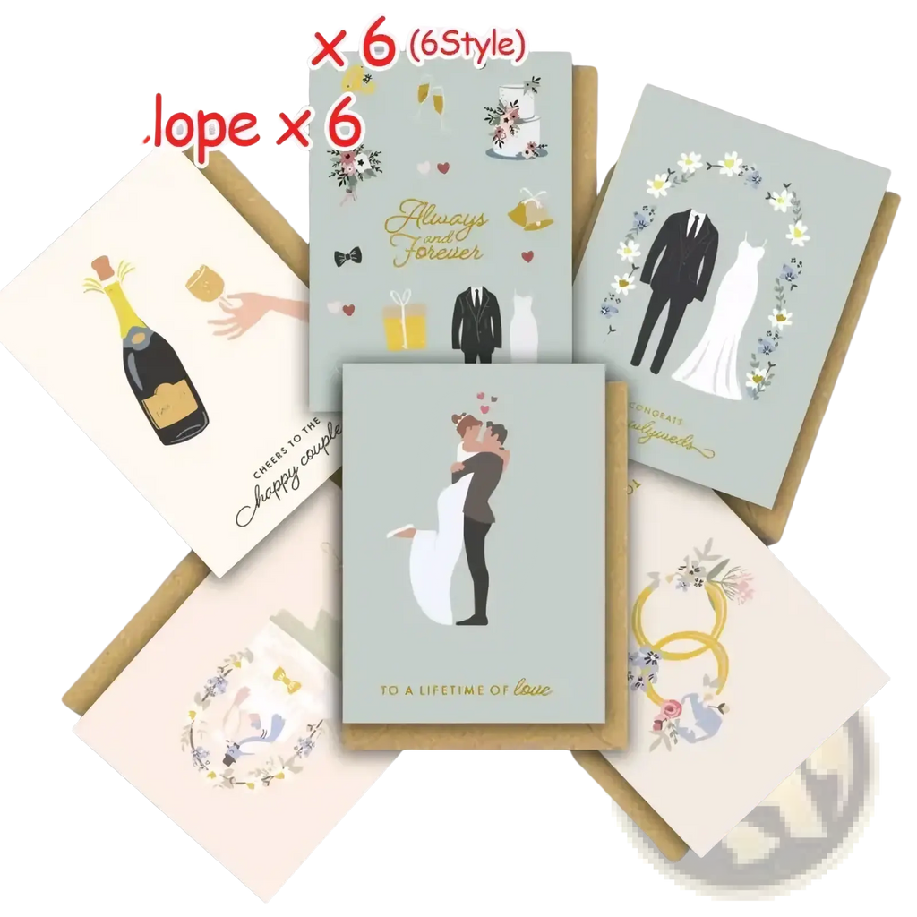 Set of six wedding greeting cards with illustrated designs on mint and cream cardstock with kraft envelopes