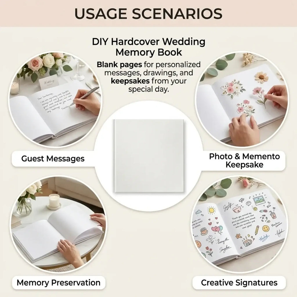 A minimalist white hardcover wedding guest book with blank pages for messages photos and creative signatures