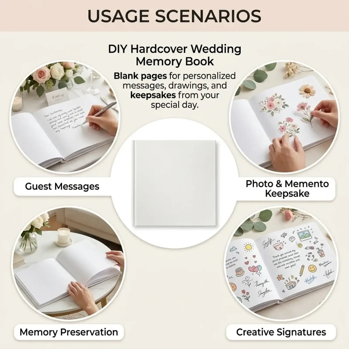 A minimalist white hardcover wedding guest book with blank pages for messages photos and creative signatures