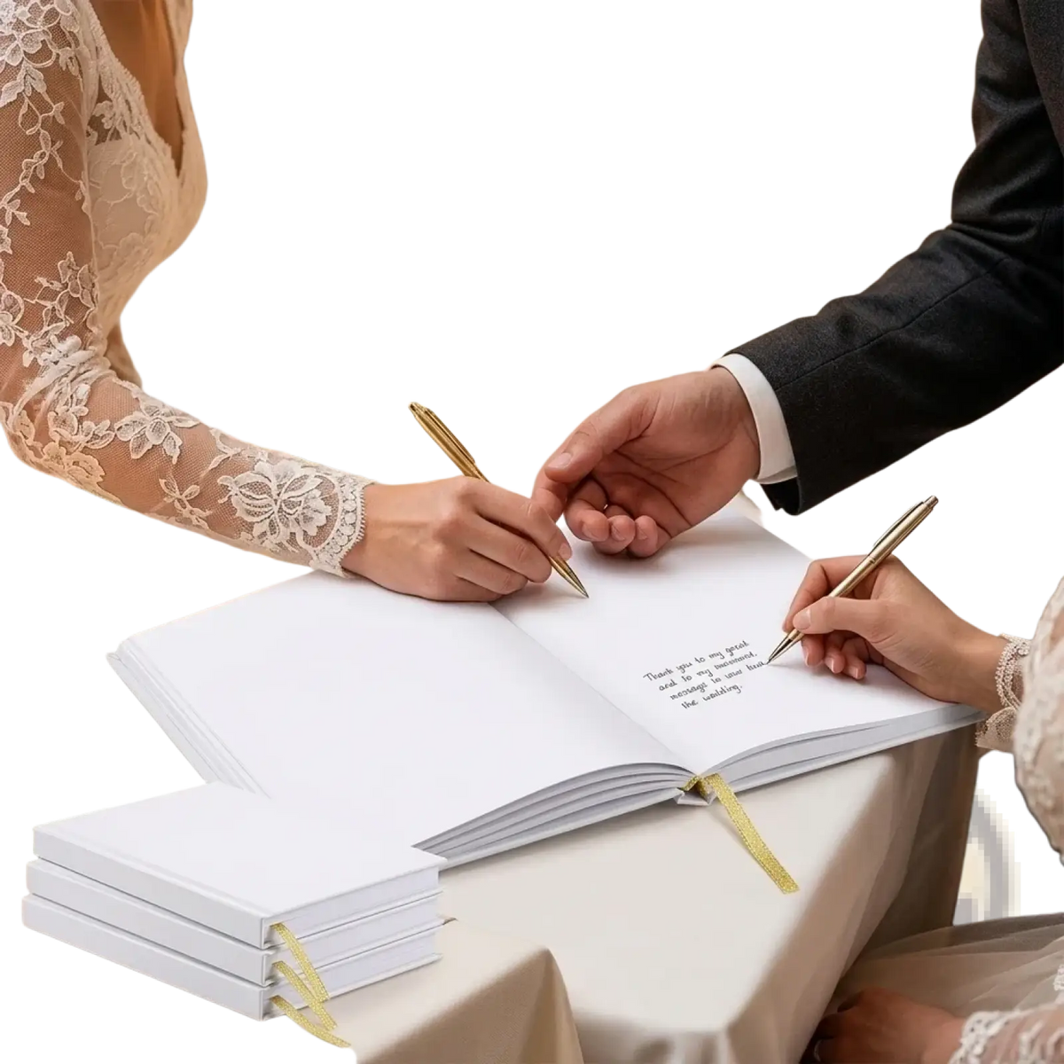 Open wedding guest book hardcover blank memory album with yellow ribbon bookmark and gold pen on white page
