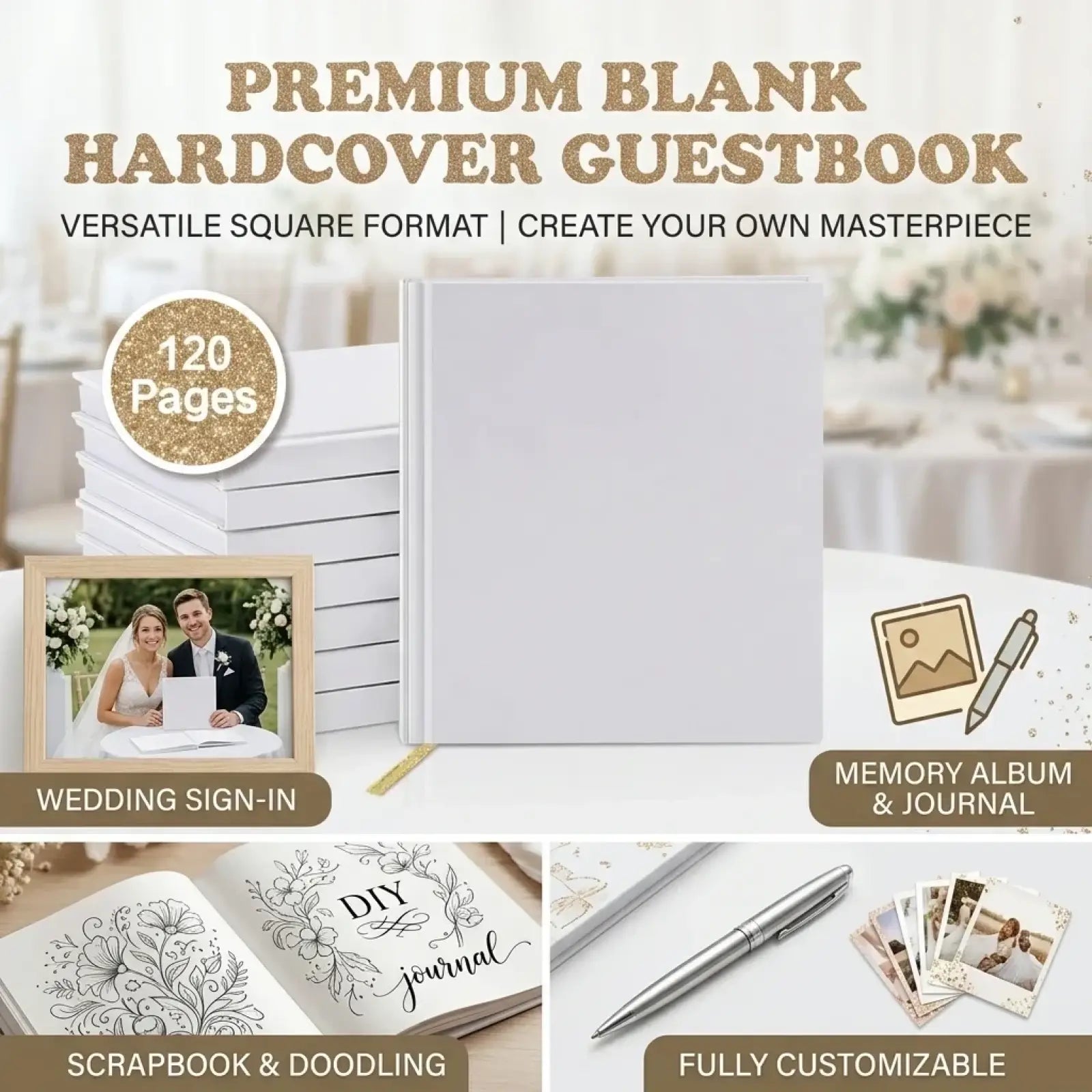 A sleek white hardcover wedding guest book with minimalist design and gold foil accents for memory album use