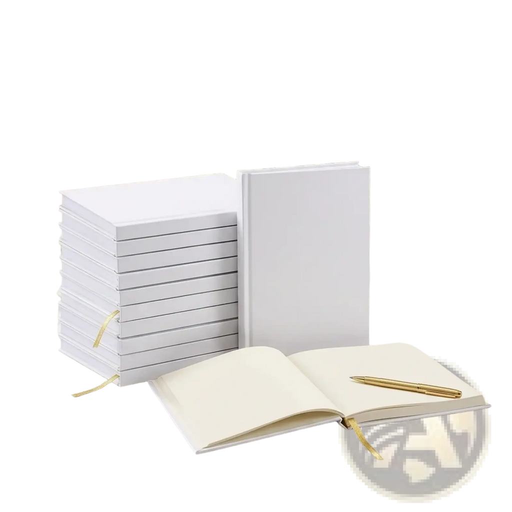 A stack of elegant white hardcover wedding guest books with gold ribbon bookmarks and a matching open journal with golden pen