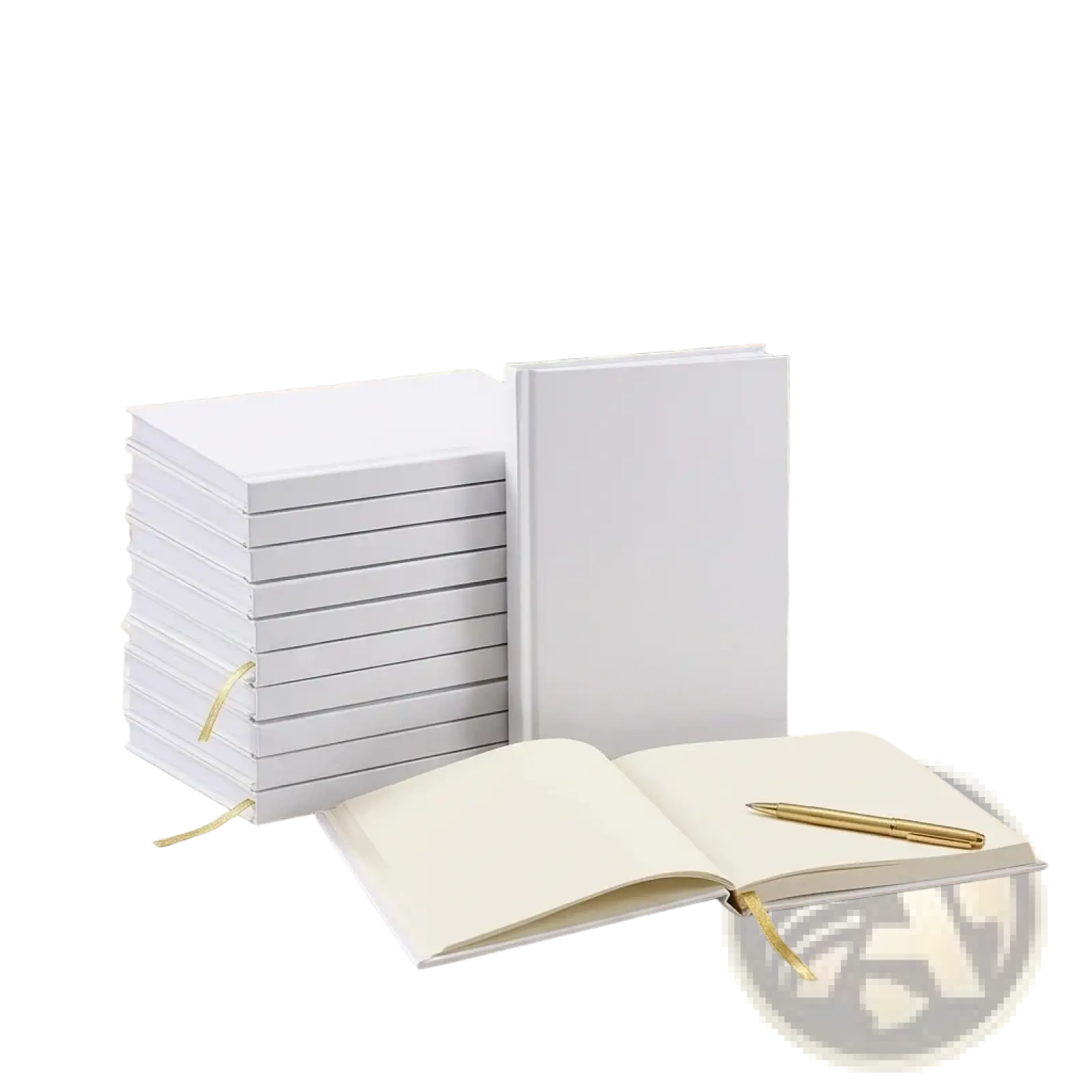 A stack of elegant white hardcover wedding guest books with gold ribbon bookmarks and a matching open journal with golden pen