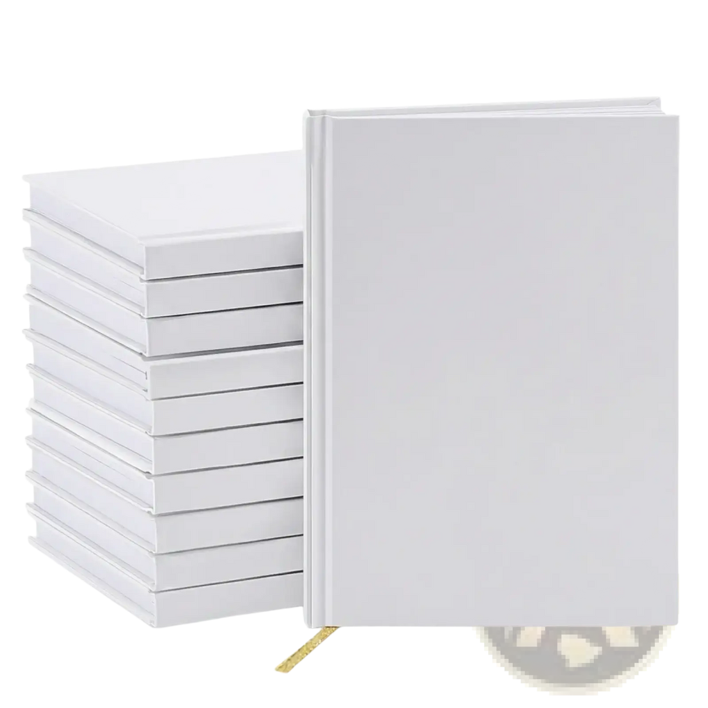 Stack of white hardcover wedding guest books with gold ribbon bookmarks for blank memory album use