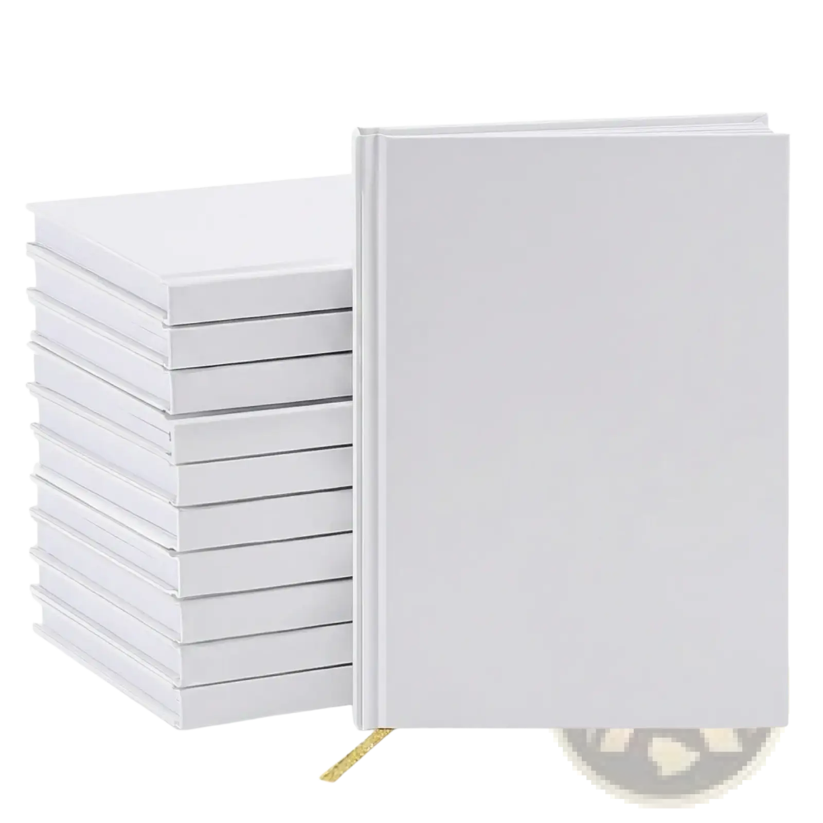 Stack of white hardcover wedding guest books with gold ribbon bookmarks for blank memory album use