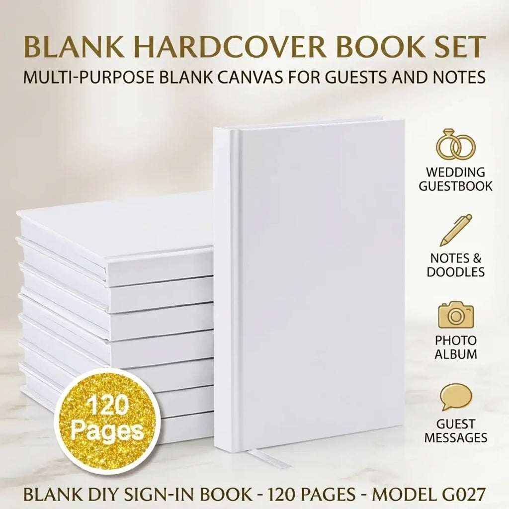 White hardcover blank wedding guest book with 120 pages designed as a memory album or photo album