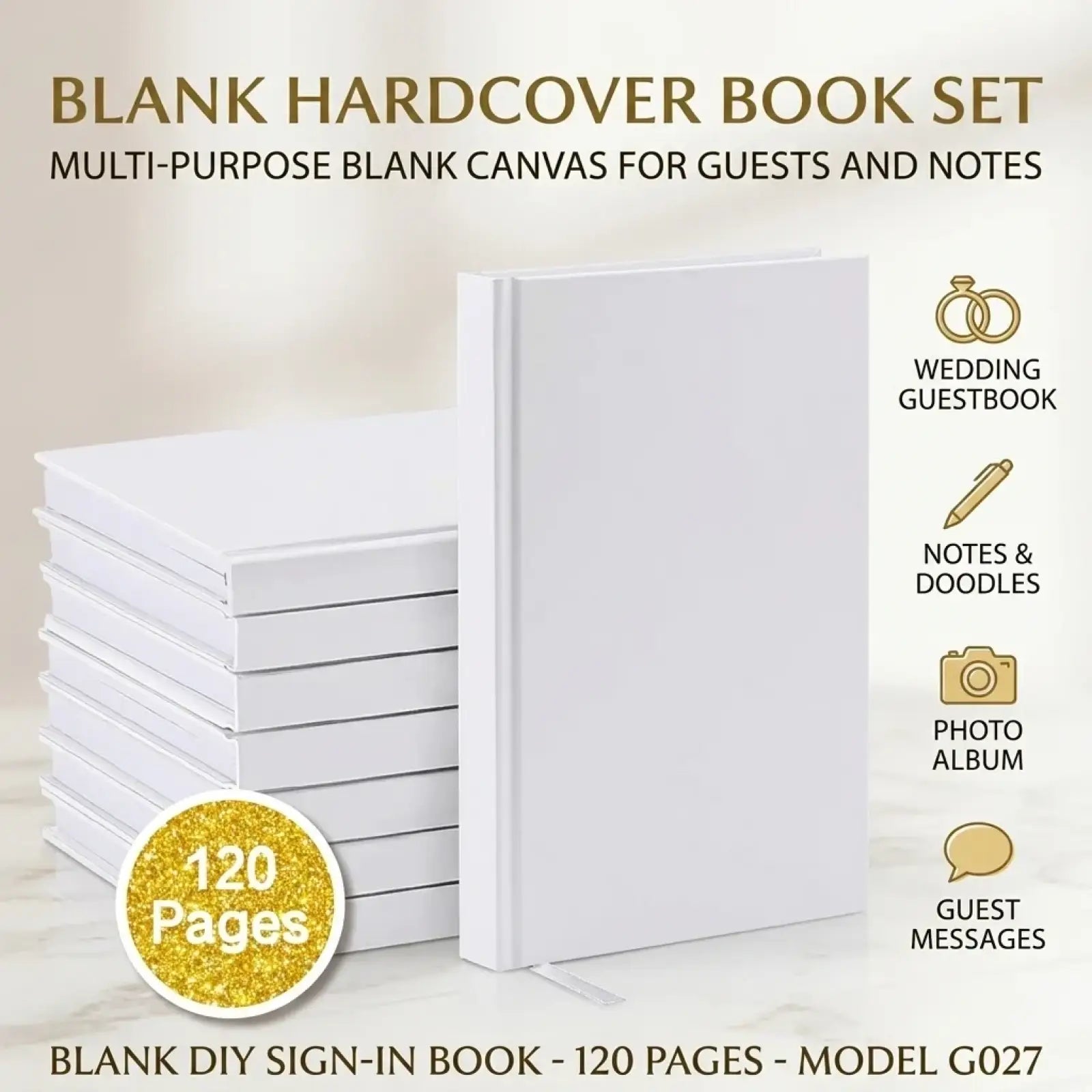 White hardcover blank wedding guest book with 120 pages designed as a memory album or photo album
