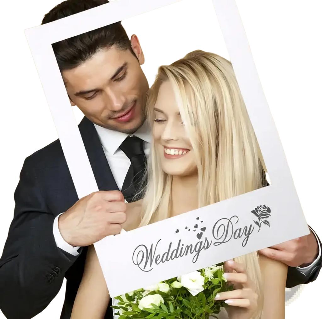 White polaroid-style wedding photo frame prop with rose design and elegant wedding day cursive script printed