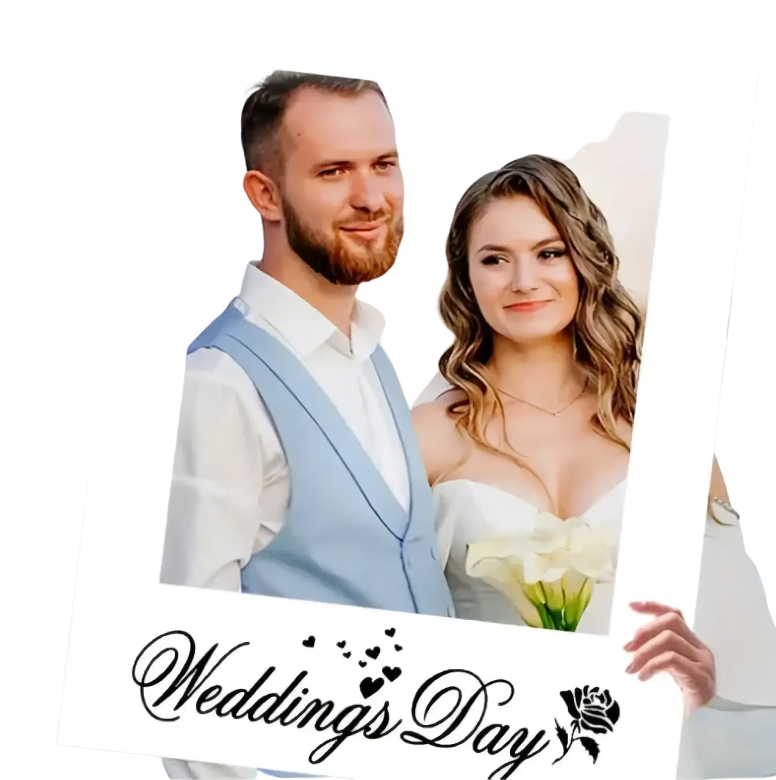 White polaroid-style wedding photo frame with rose design and weddings day text ideal for wedding photo props