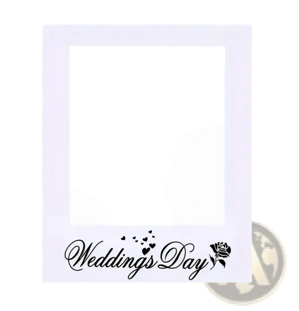White polaroid-style wedding photo frame prop with black cursive weddings day text and rose design at the bottom