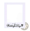 White polaroid-style wedding photo frame prop with black cursive weddings day text and rose design at the bottom